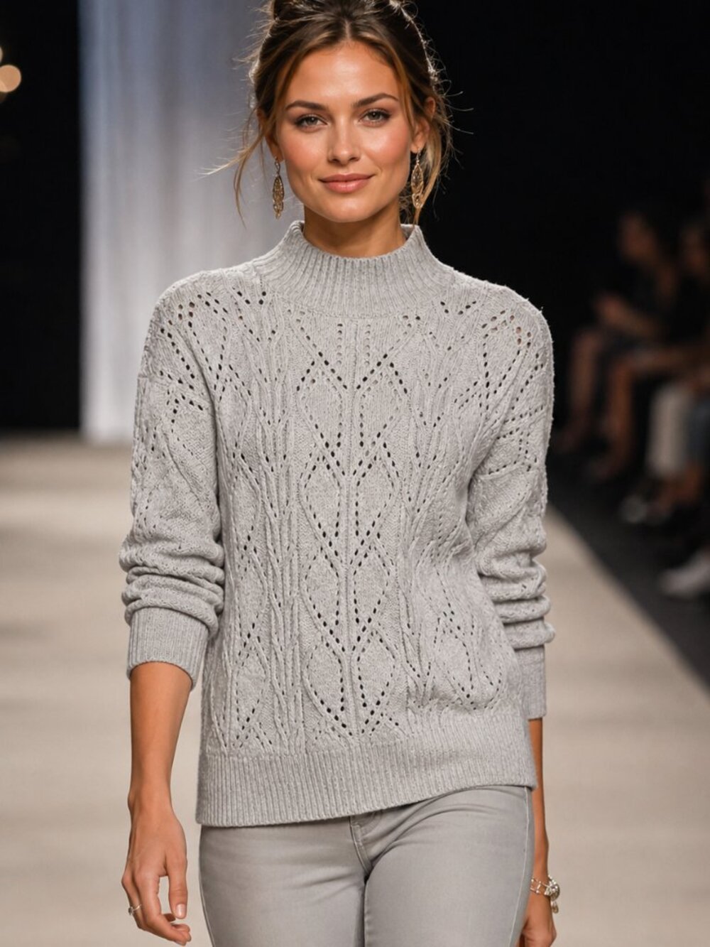 LOFT Cable Knit Mock Neck Sweater Gray Openwork Pullover Medium